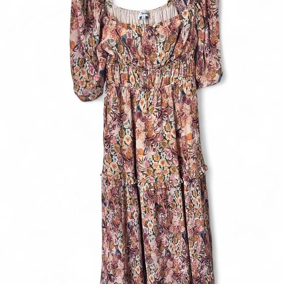 Floral Fall Colors Square-Neck Ruffle-Tier Midi Dress Size Small - Picture 3 of 7